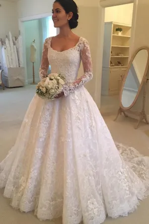 Anneprom Long Sleeves Scoop Off White Lace A Line Elegant Wedding Dresses APW0073