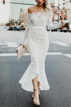 Anneprom Mermaid Off-The-Shoulder High Low Lace Wedding Dress With Long Sleeves APW0207