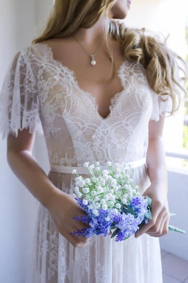 Anneprom Romantic A-Line White Lace Long Wedding Dress With Open Back APW0112