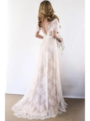 Anneprom Romantic A-Line White Lace Long Wedding Dress With Open Back APW0112