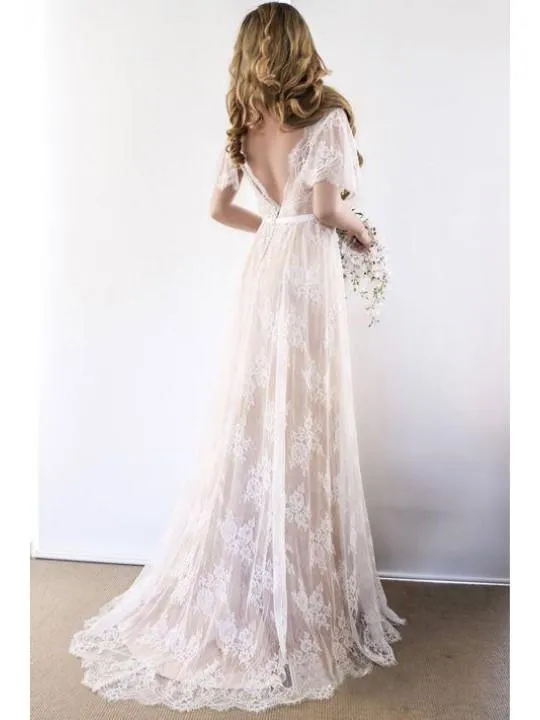 Anneprom Romantic A-Line White Lace Long Wedding Dress With Open Back APW0112