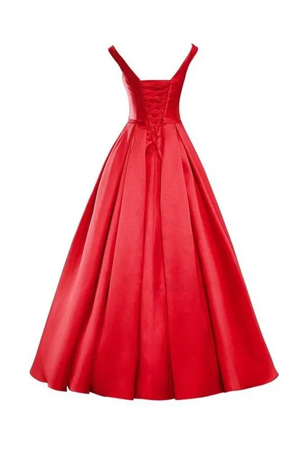 Anneprom Simple V-Neck Bowknot Lace-Up Red Prom Dress Bridesmaid Dress APB0063