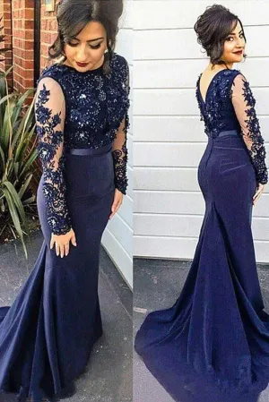 Anneprom Trumpet/Mermaid Lace Appliques Blue Long Sleeves Plus Size Dresses APP0351