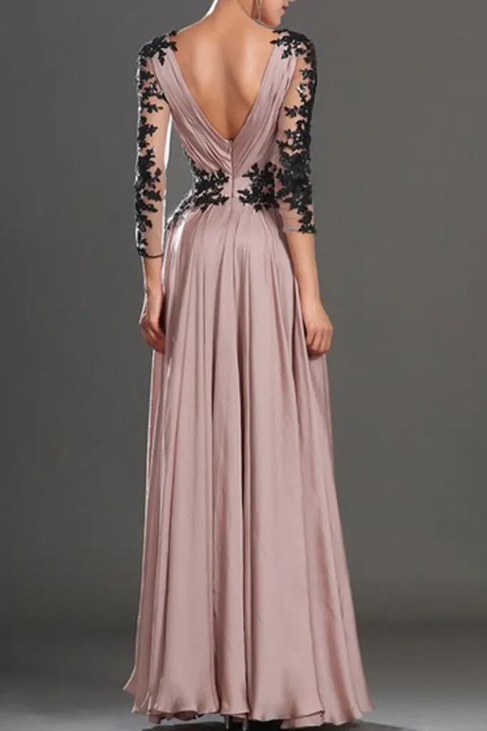 Anneprom V-Neck Long Sleeve Lace Prom Dresses Evening Dresses APP0040