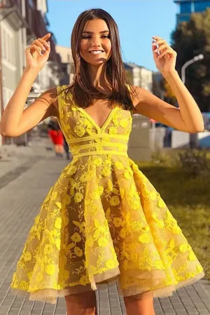Anneprom Yellow Lace Appliques V Neck Short Party Dress Above Knee Homecoming Dress APH0102