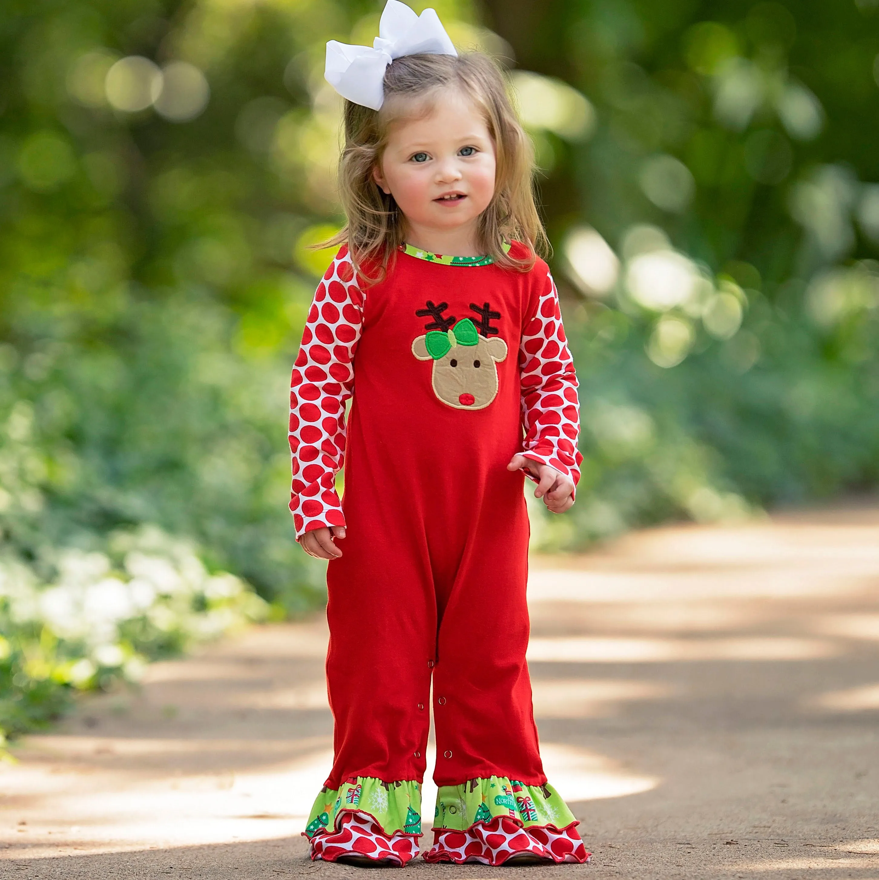 AnnLoren Baby Girls Boutique Red Green Christmas Tree Rudolph Reindeer Holiday Romper