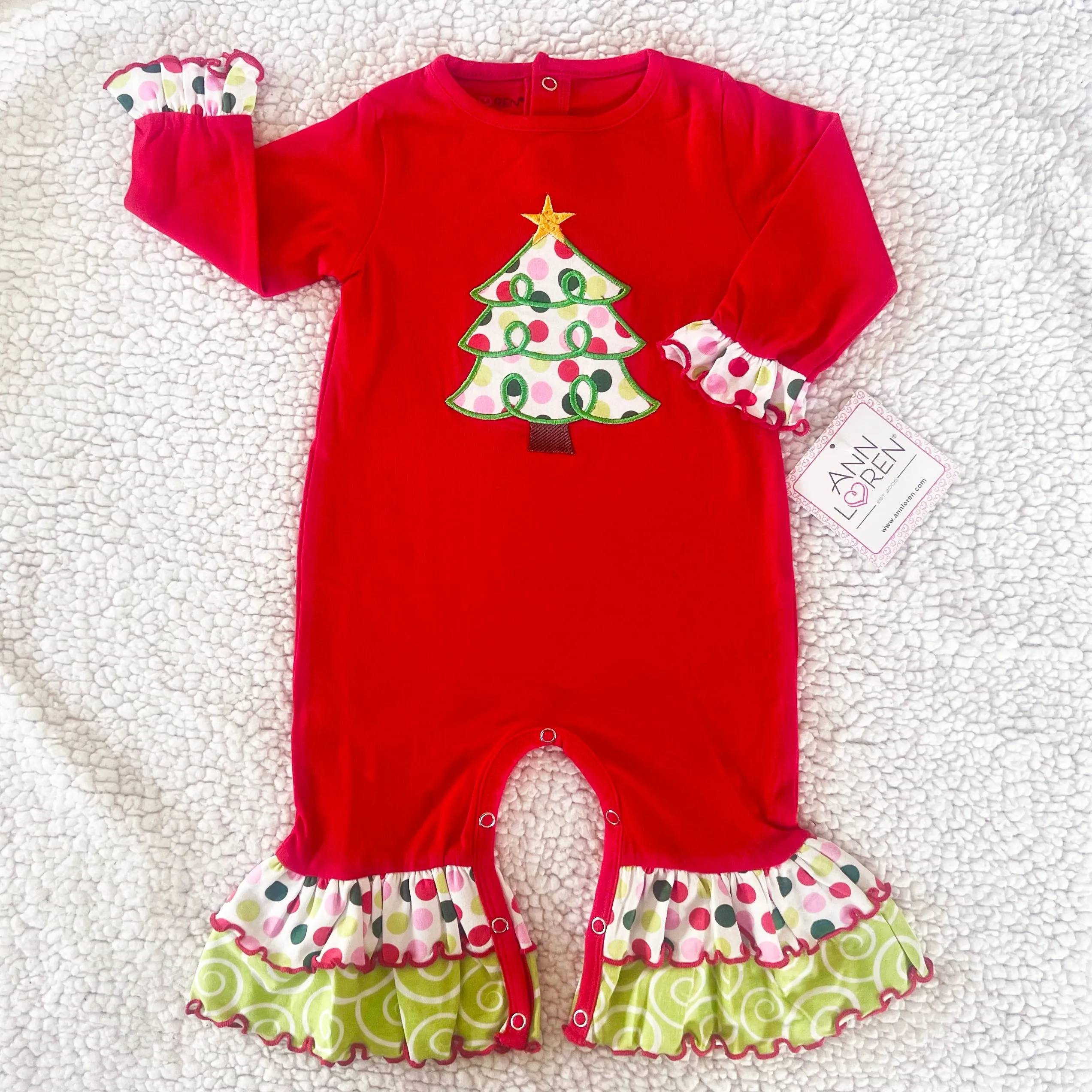 AnnLoren Baby Girls Red & White Christmas Tree Romper Outfit