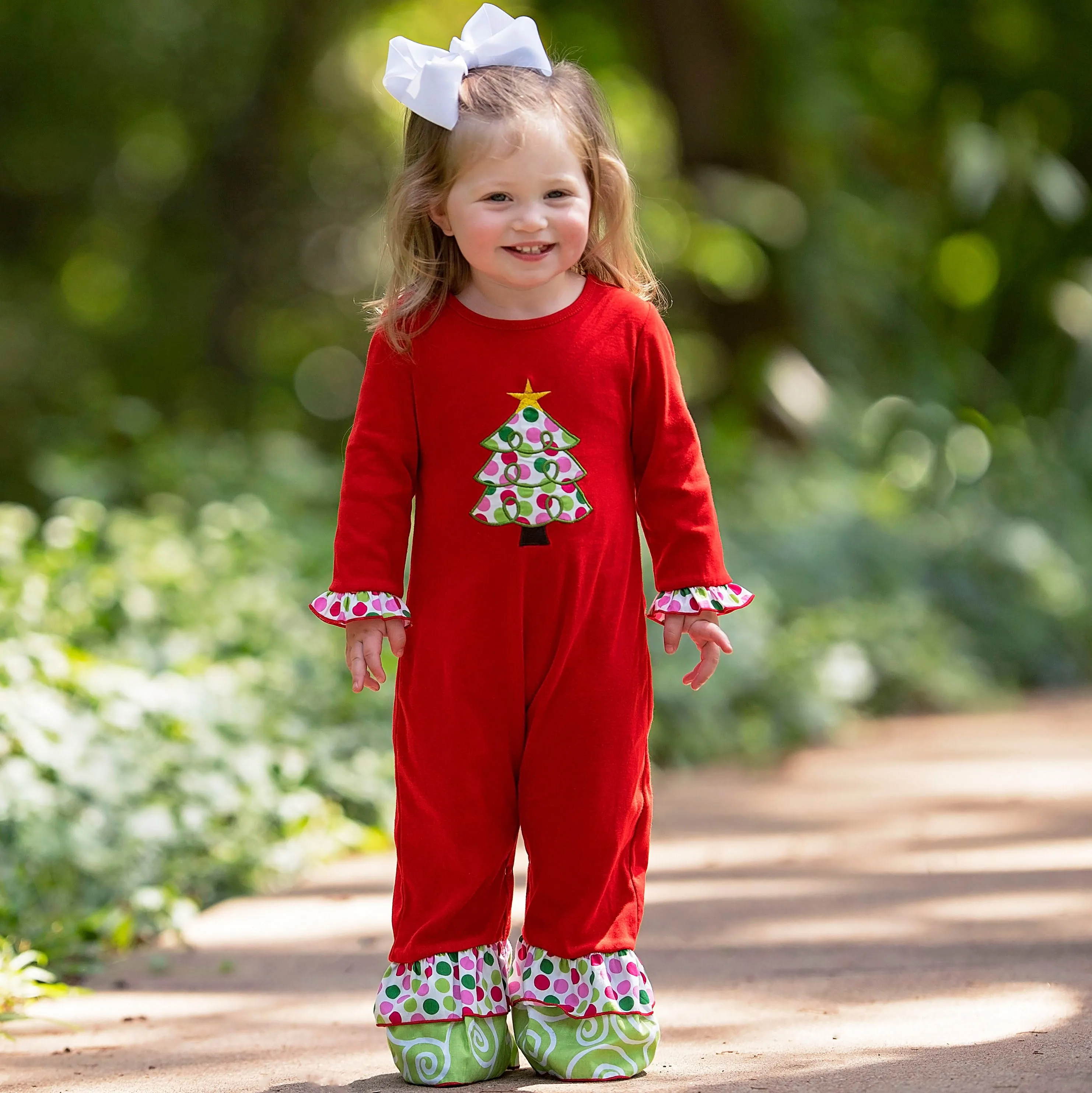 AnnLoren Baby Girls Red & White Christmas Tree Romper Outfit