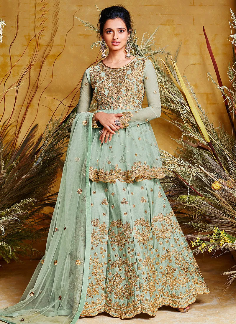 Aqua Blue Peplum Style Lehenga Suit