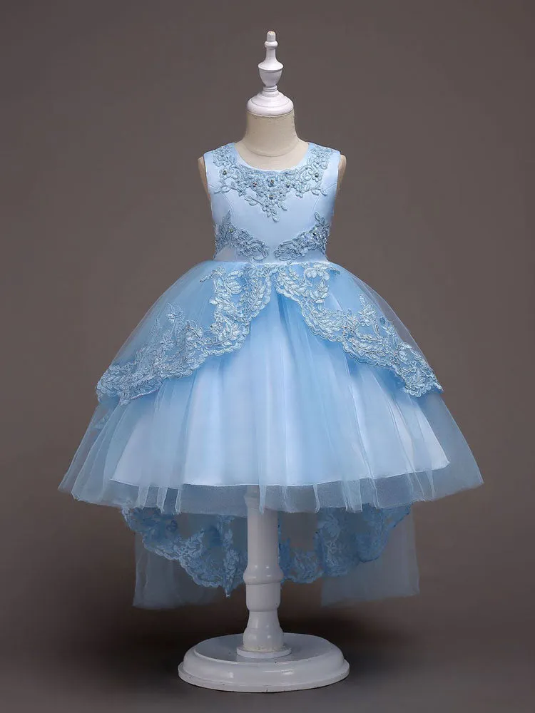 Baby Blue Lace Tulle Princess Tutu Embroidered Kids Ball Gown Dress