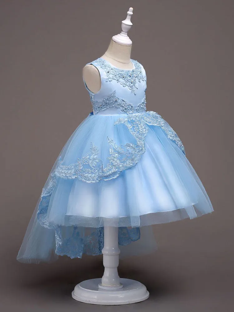 Baby Blue Lace Tulle Princess Tutu Embroidered Kids Ball Gown Dress