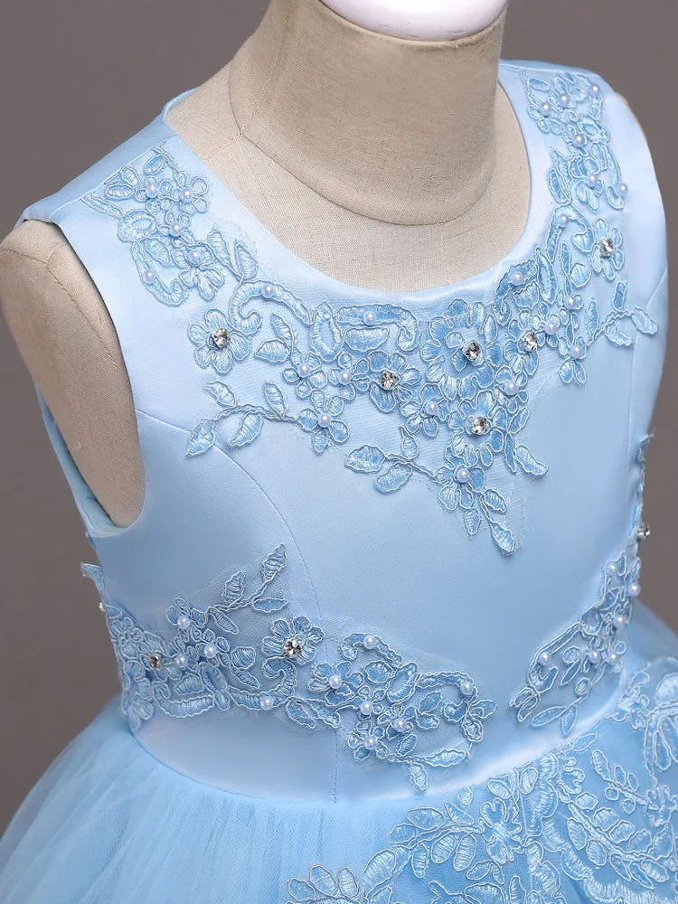 Baby Blue Lace Tulle Princess Tutu Embroidered Kids Ball Gown Dress