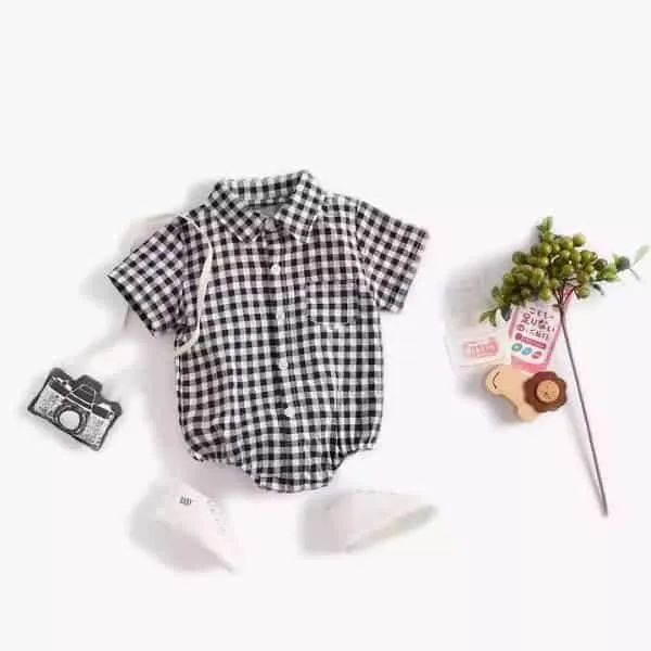 Baby Boy Checked Cotton Shirt Rompers