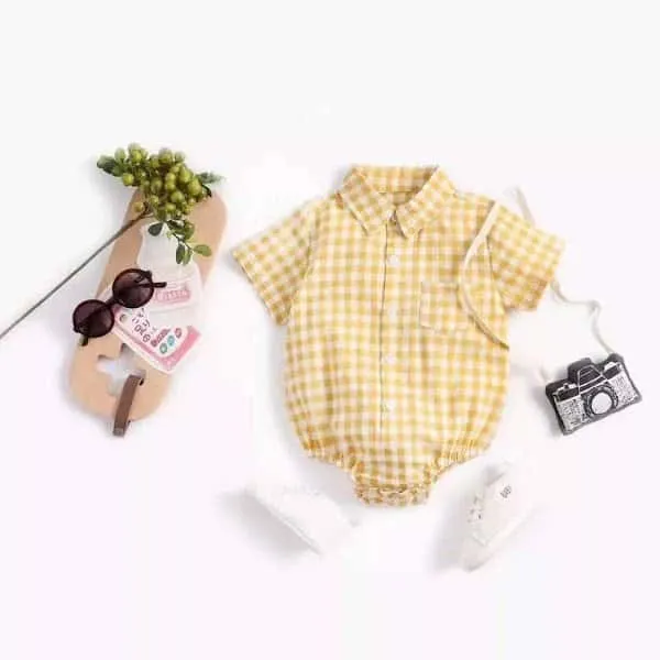 Baby Boy Checked Cotton Shirt Rompers