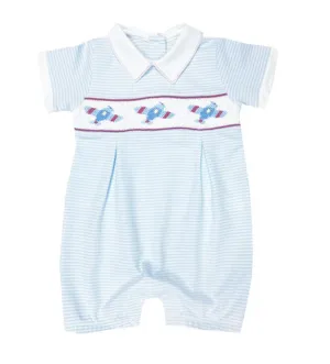 Baby Boy's Striped "Airplanes" Smocked Pima Cotton Romper