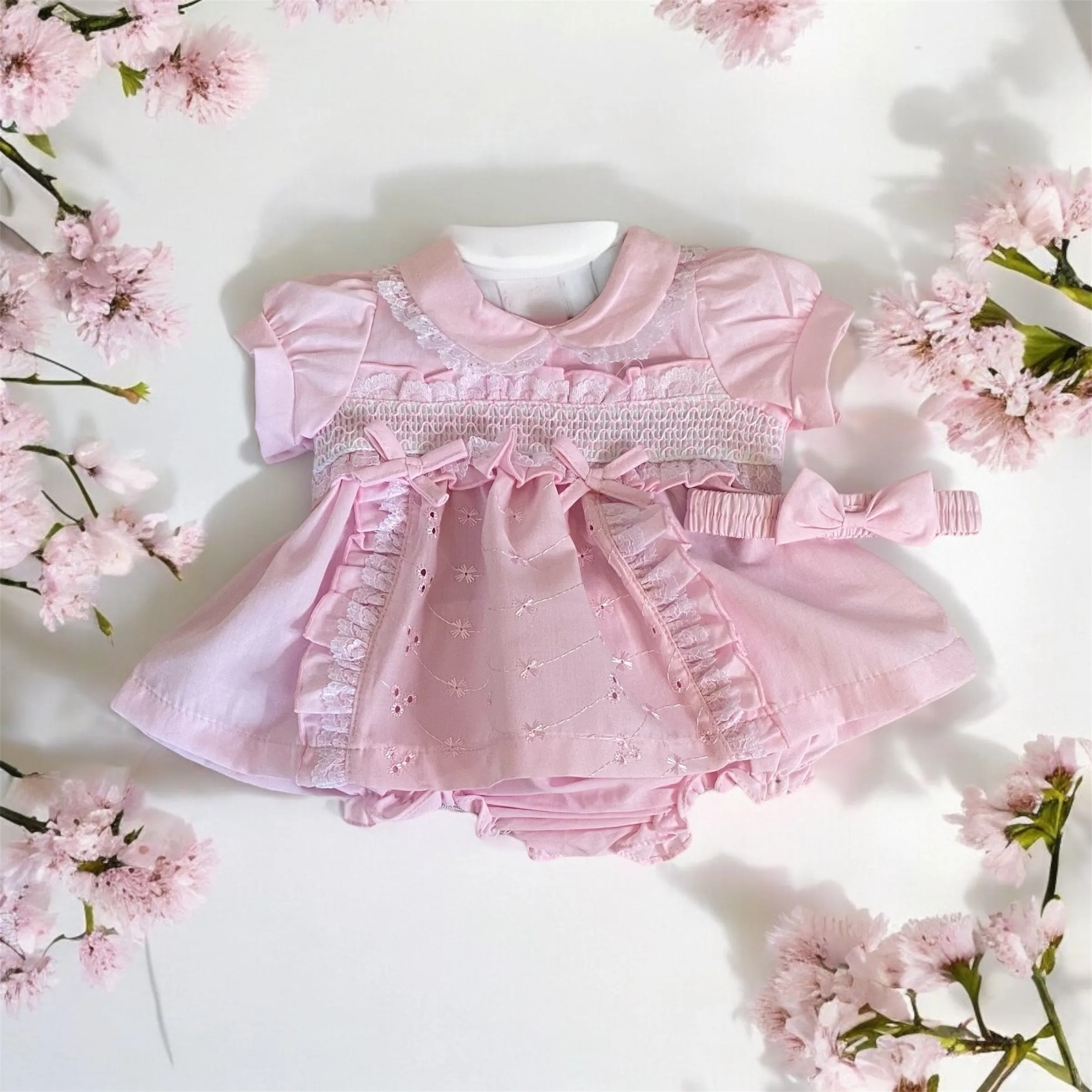 Baby Dress with Bows, Smocking and Lace