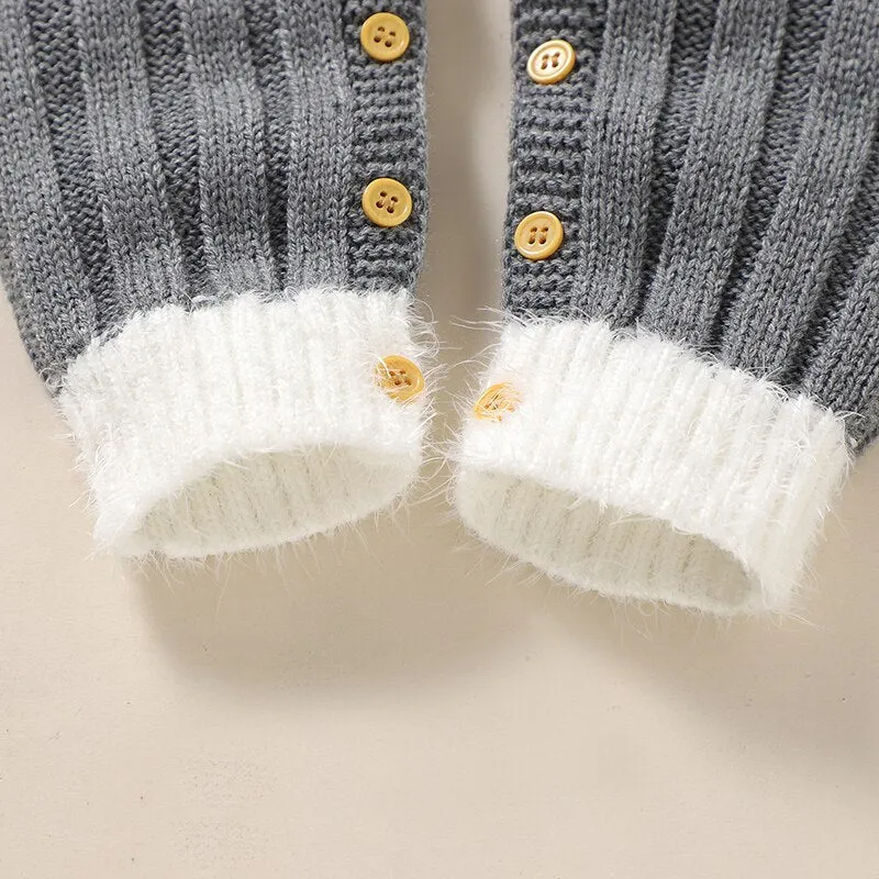 Baby Girls Boys Long Sleeve Knitted Jumpsuit - Grey