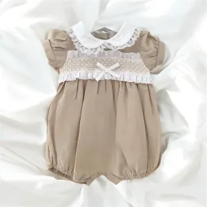 Baby Girls Linen Romper with Lace, Smocking and Bow