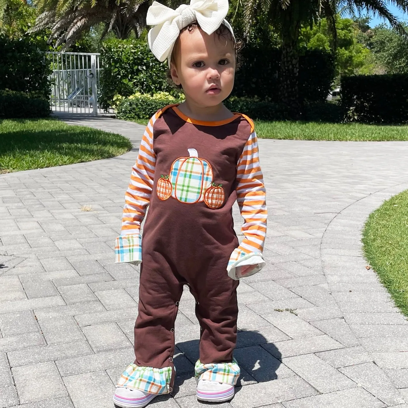 Baby Girls Orange Pumpkin Thanksgiving Autumn Holiday Cotton Romper
