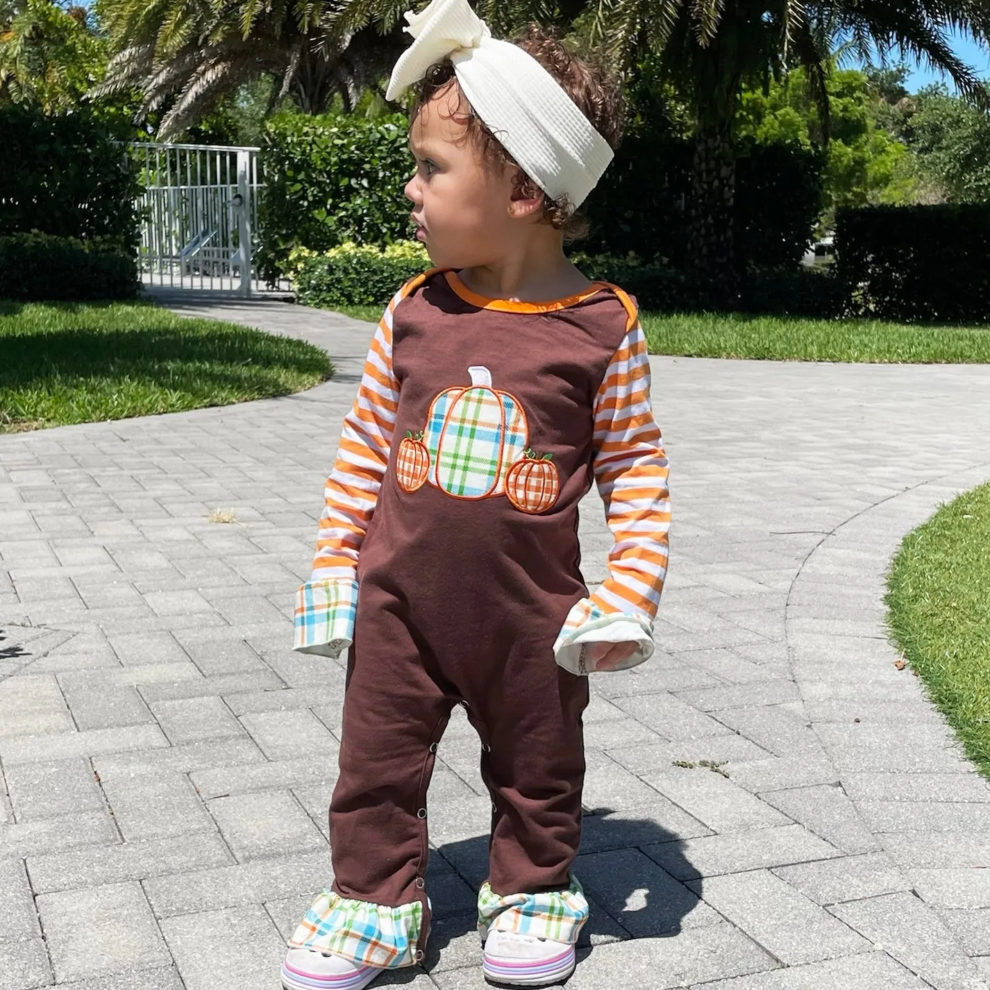 Baby Girls Orange Pumpkin Thanksgiving Autumn Holiday Cotton Romper