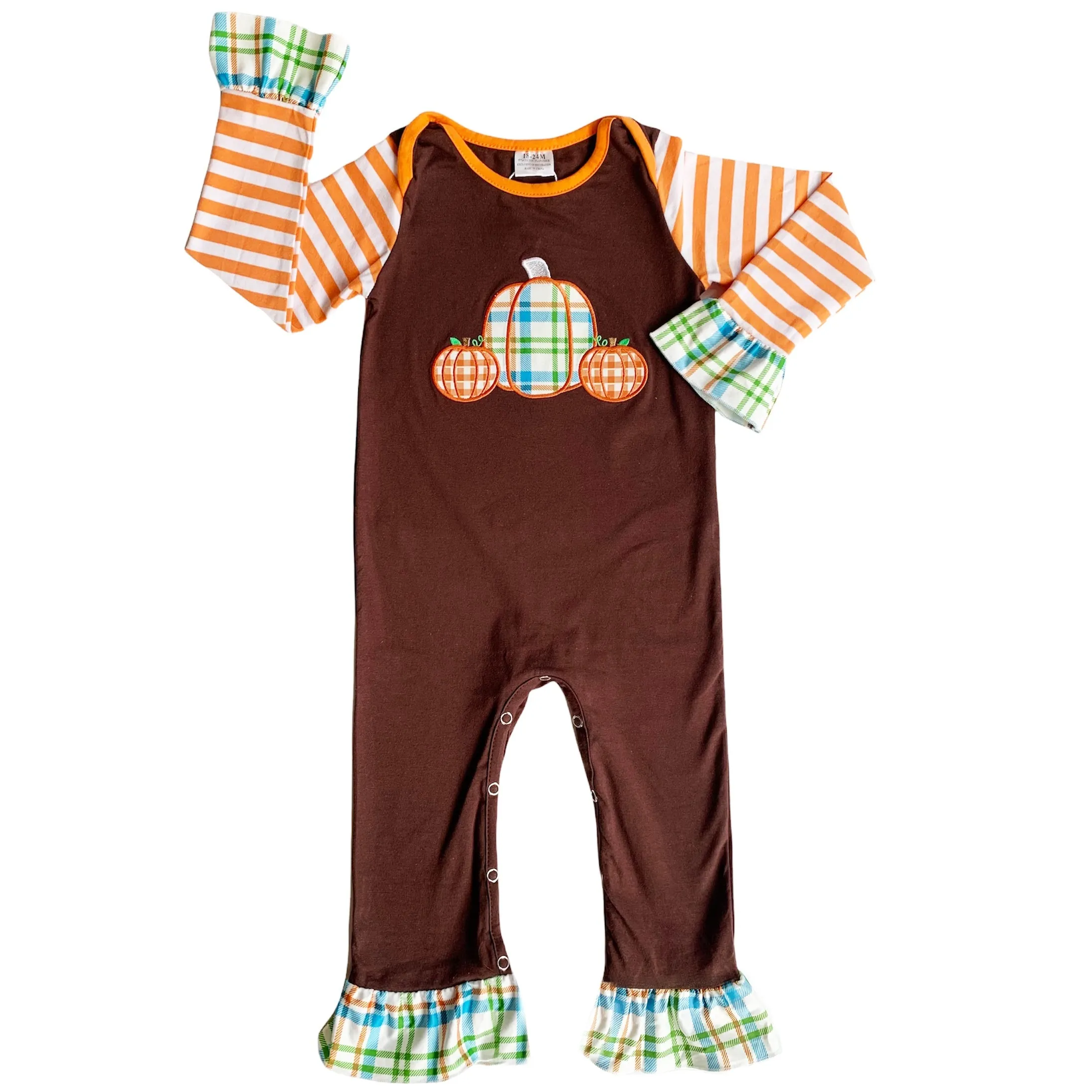 Baby Girls Orange Pumpkin Thanksgiving Autumn Holiday Cotton Romper