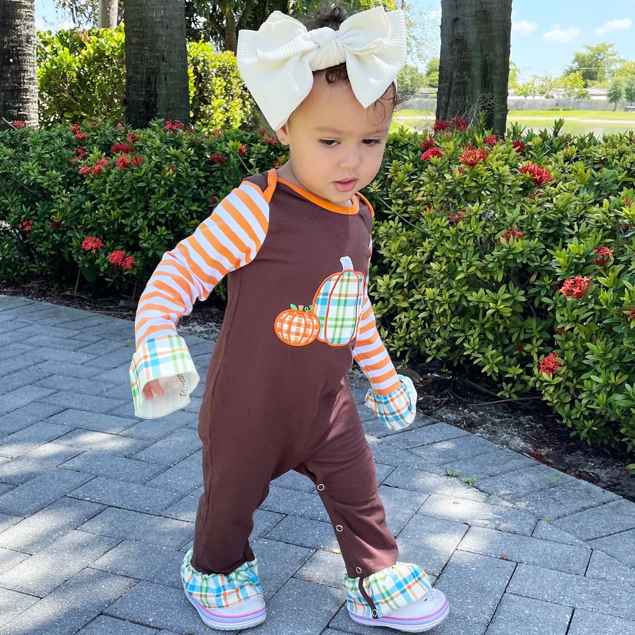 Baby Girls Orange Pumpkin Thanksgiving Autumn Holiday Cotton Romper