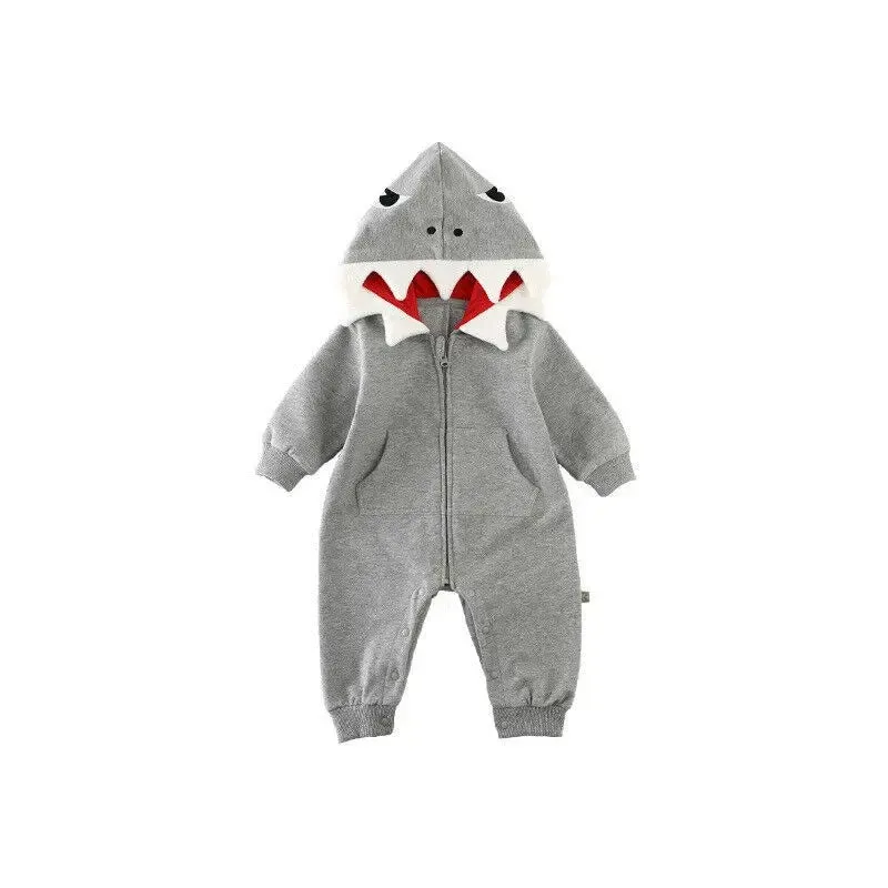 Baby Long Sleeve Scuba Romper: Pink/Grey Shark Hoodie