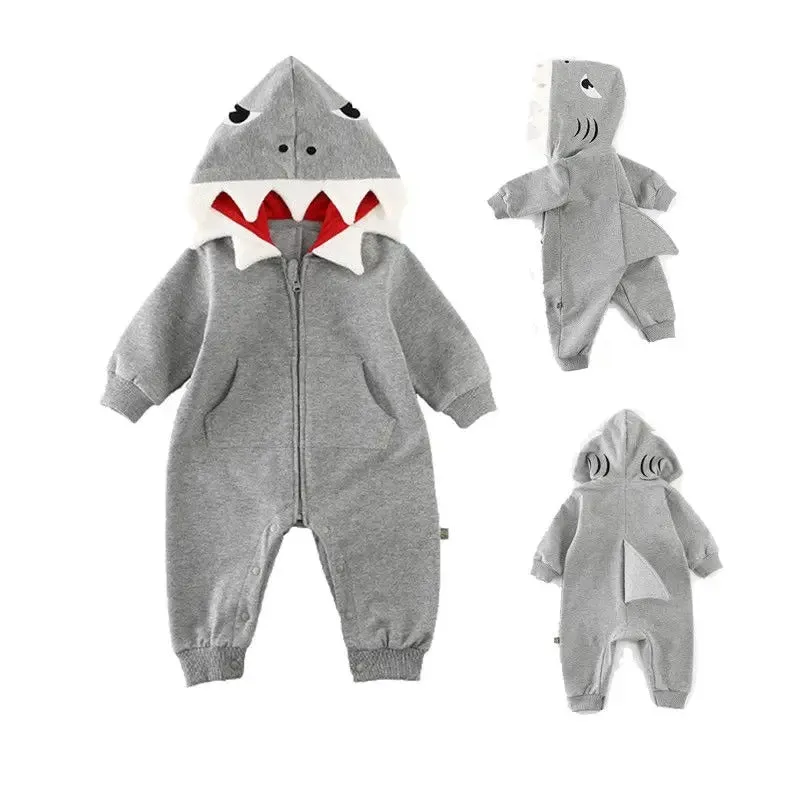 Baby Long Sleeve Scuba Romper: Pink/Grey Shark Hoodie