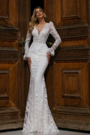 Ballbella Sparkly V-neck Lace Wedding Gowns With Long Sleeves Long Mermaid