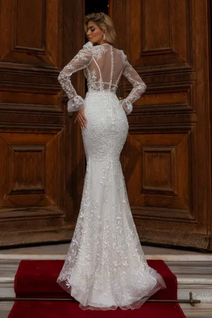 Ballbella Sparkly V-neck Lace Wedding Gowns With Long Sleeves Long Mermaid