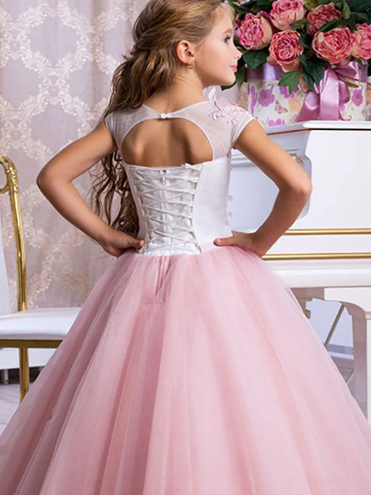 Bateau Neck Sleeveless Ankle Length Bows Sash Butterfly Kids Party Dresses