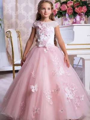 Bateau Neck Sleeveless Ankle Length Bows Sash Butterfly Kids Party Dresses