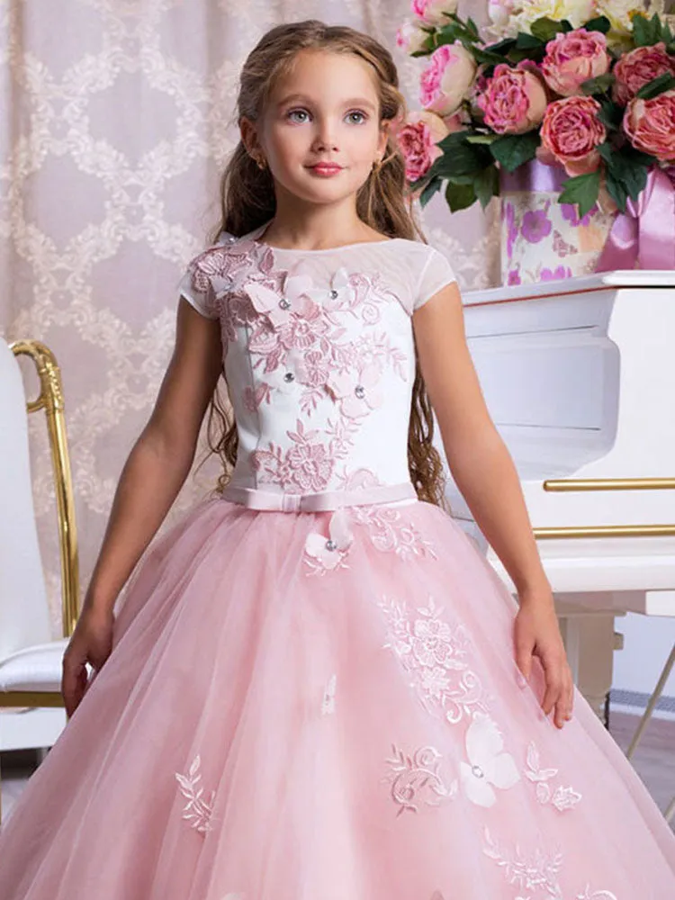 Bateau Neck Sleeveless Ankle Length Bows Sash Butterfly Kids Party Dresses