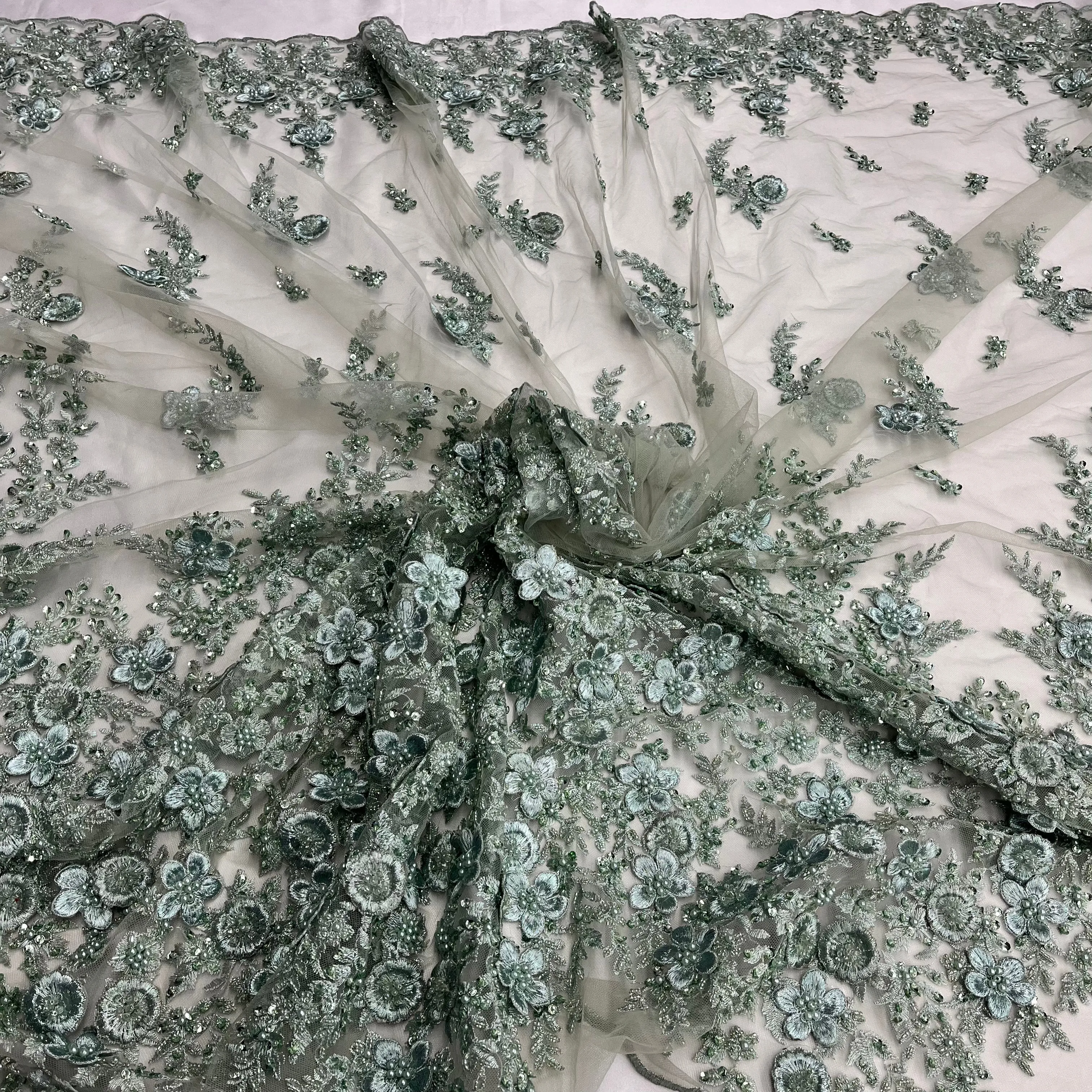 Beaded 3D Floral Lace Fabric Embroidered on 100% Polyester Net Mesh | Lace USA - GD-2015