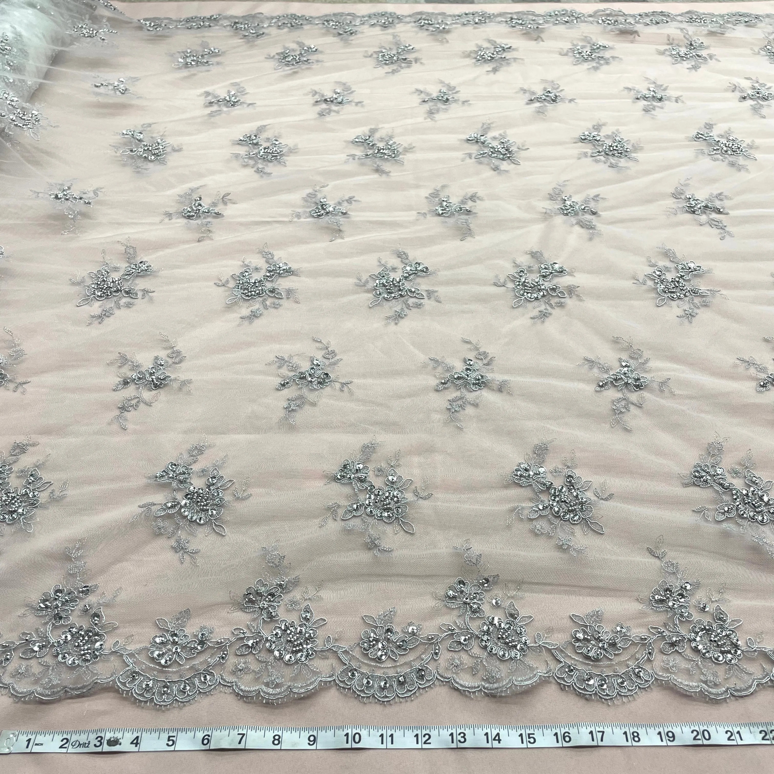 Beaded & Corded Bridal Lace Fabric Embroidered on 100% Polyester Net Mesh | Lace USA - 96519W-BP