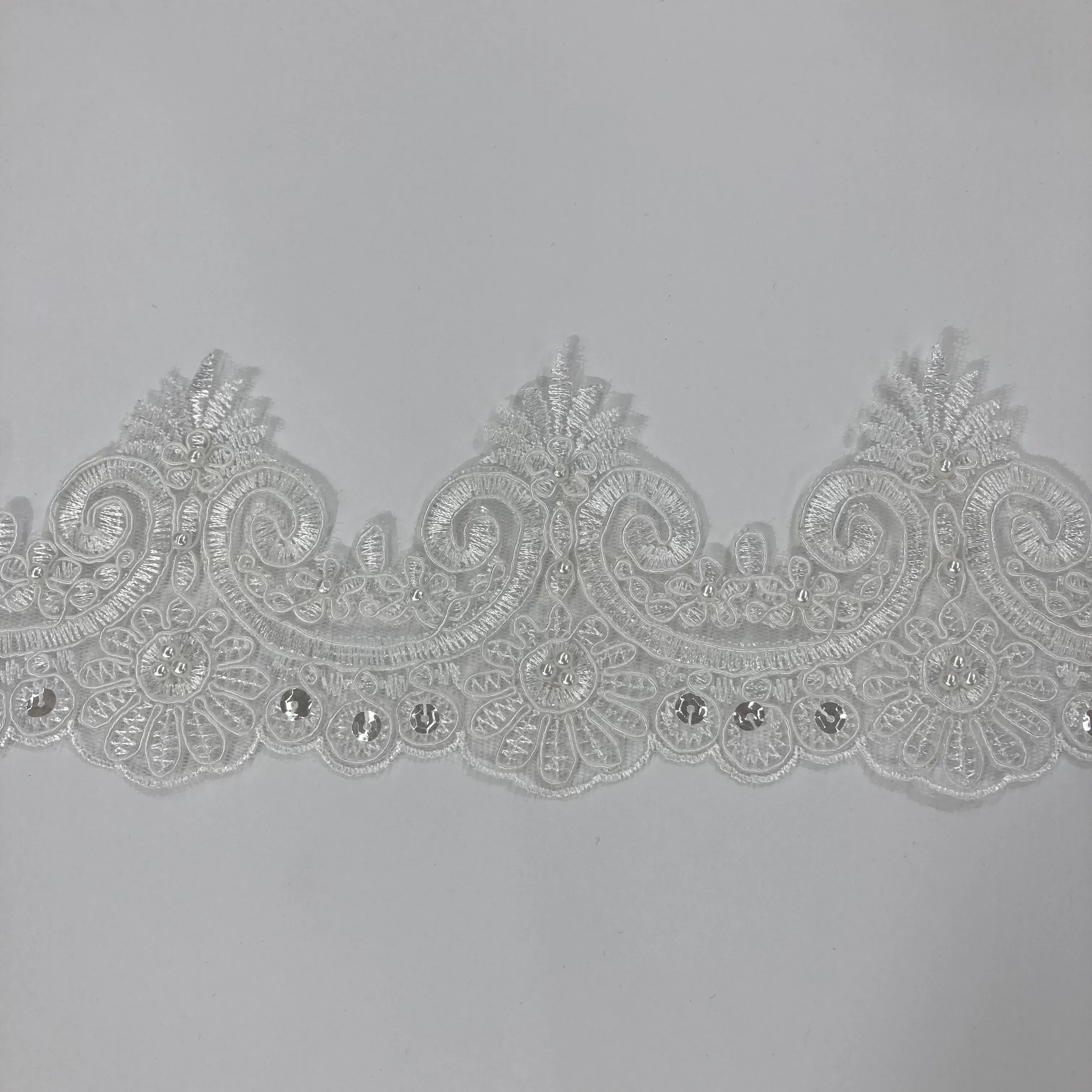 Beaded & Corded Lace Trimming Embroidered on 100% Polyester Net Mesh | Lace USA - 97120W-BP