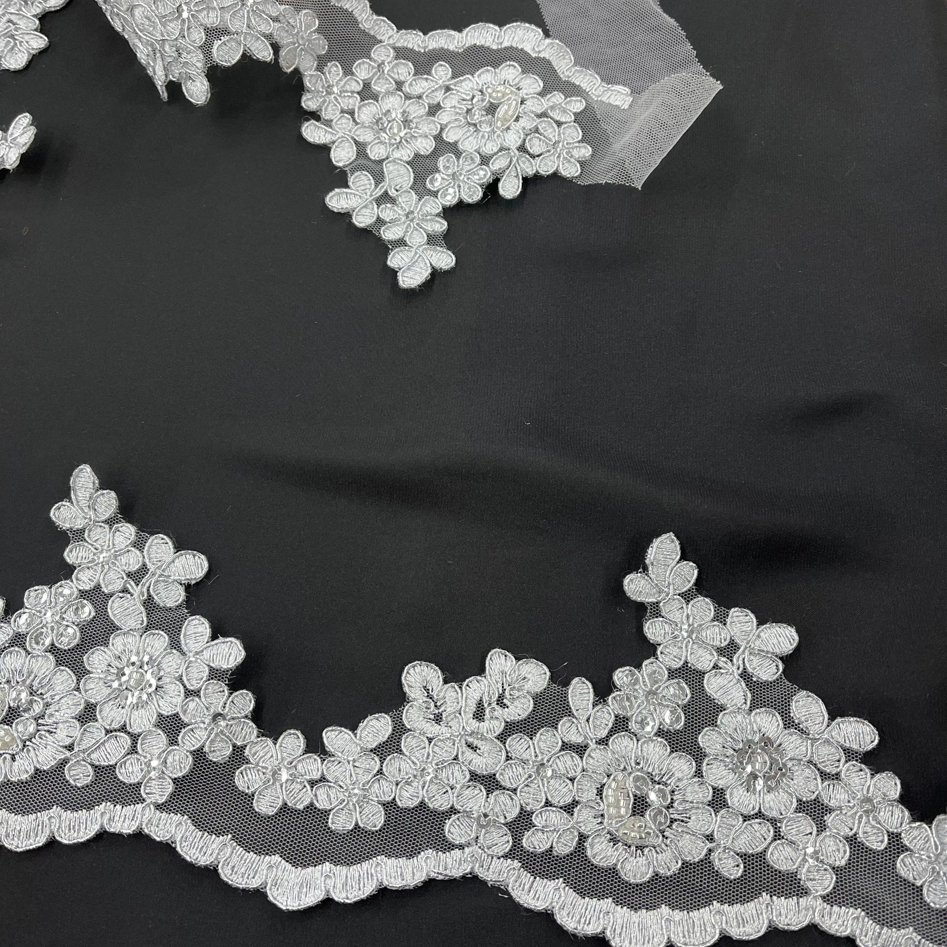 Beaded & Corded Lace Trimming Embroidered on 100% Polyester Net Mesh | Lace USA - 97121W1-BP