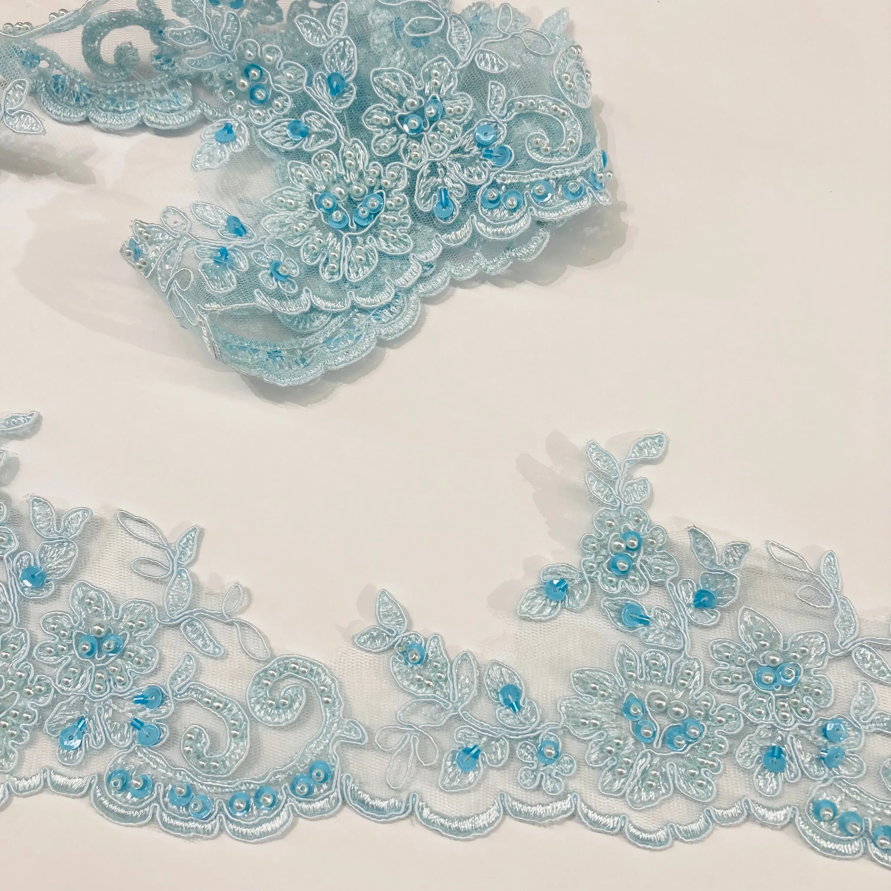 Beaded & Corded Lace Trimming Embroidered on 100% Polyester Organza | Lace USA - 96796W-BP
