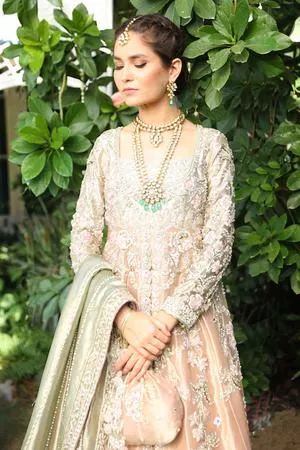 Beautiful designer embroidered bridal dress in rose gold color # B3435