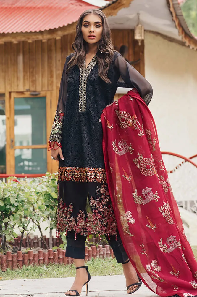 Beautiful Pakistani cotton net dress in black and red color # P2379