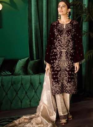 Beautiful Pakistani embroidered velvet party dress in burgundy color # P2458