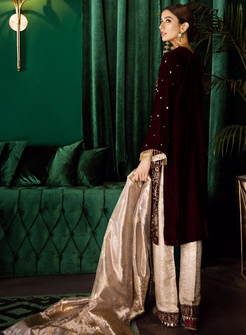 Beautiful Pakistani embroidered velvet party dress in burgundy color # P2458