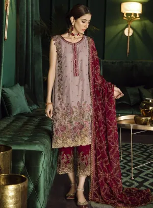 Beautiful Pakistani velvet embroidered party outfit in skin color # P2457