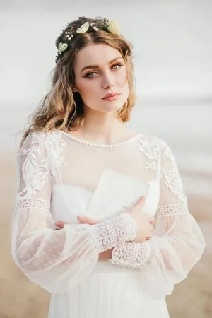 Beautiful Tulle A Line Long Sleeves Beach Wedding Dresses With Lace, MW1099