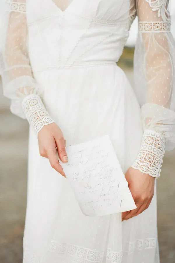 Beautiful Tulle A Line Long Sleeves Beach Wedding Dresses With Lace, MW1099