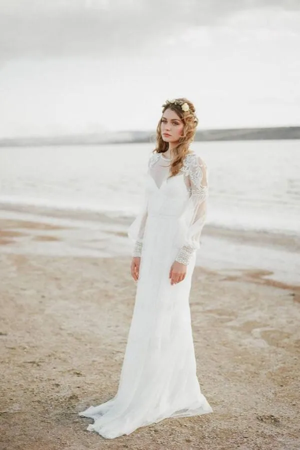 Beautiful Tulle A Line Long Sleeves Beach Wedding Dresses With Lace, MW1099