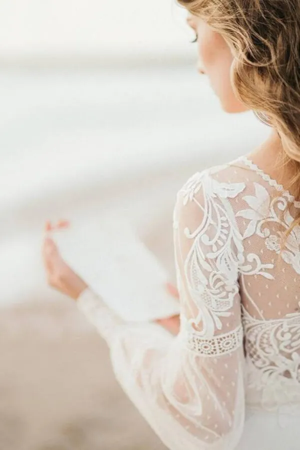 Beautiful Tulle A Line Long Sleeves Beach Wedding Dresses With Lace, MW1099