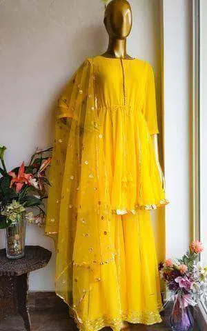 Beautiful Yellow Color Peplum style Gotta Patti Sharara Suit