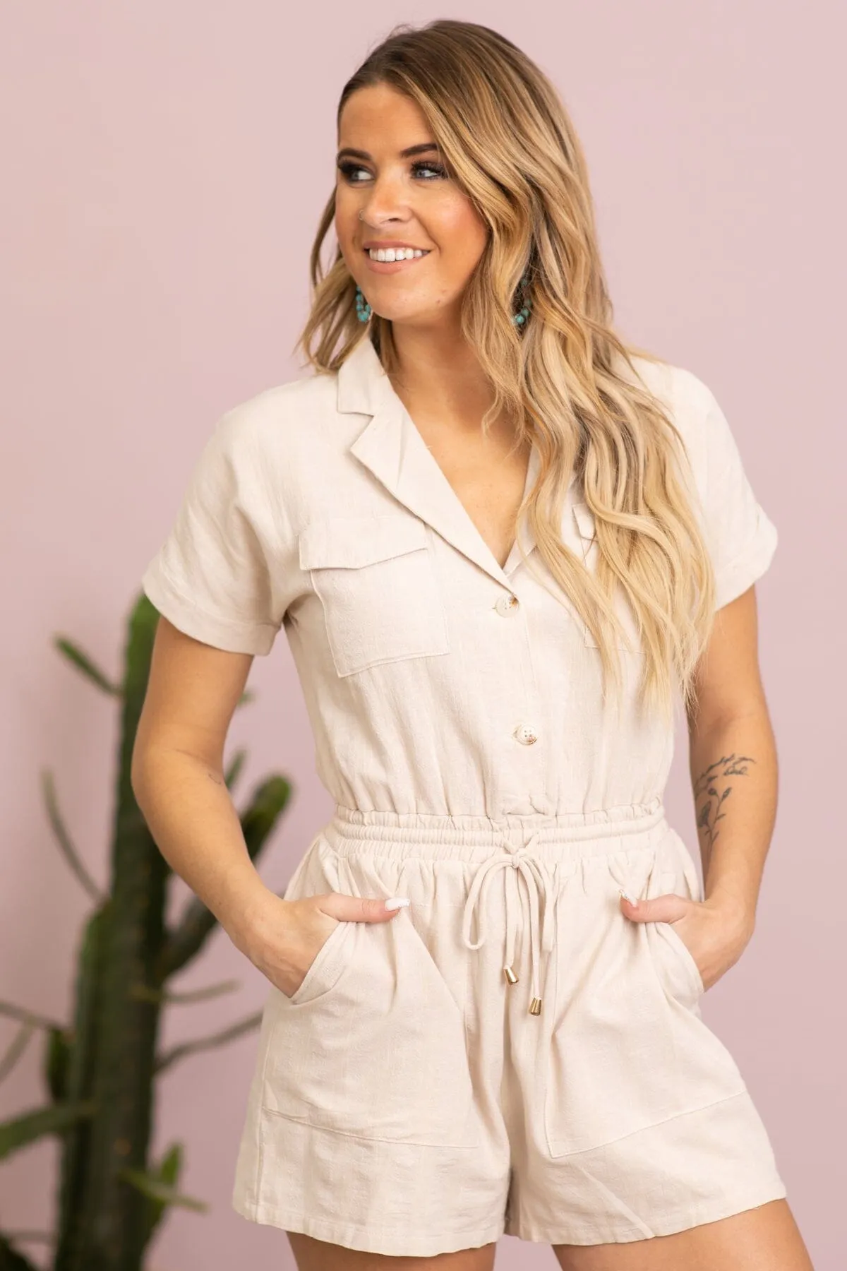 Beige Drawstring Waist Romper