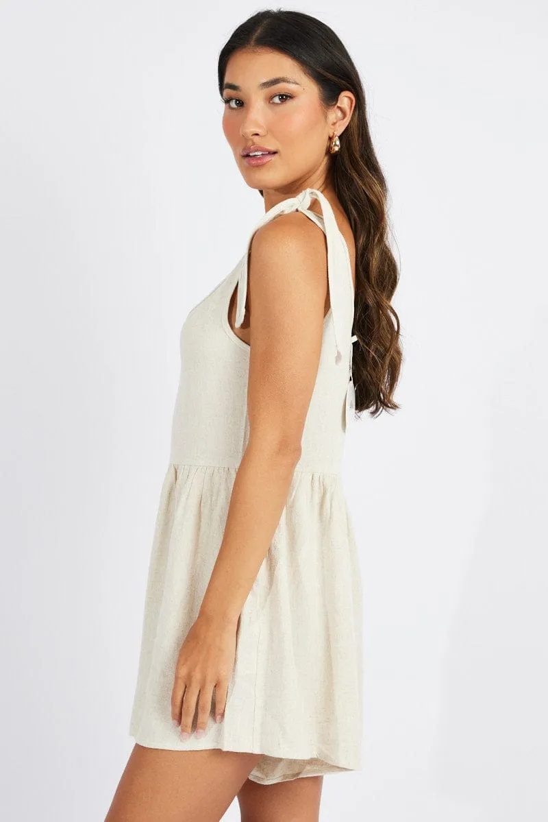 Beige Playsuit Sleeveless Shoulder Tie